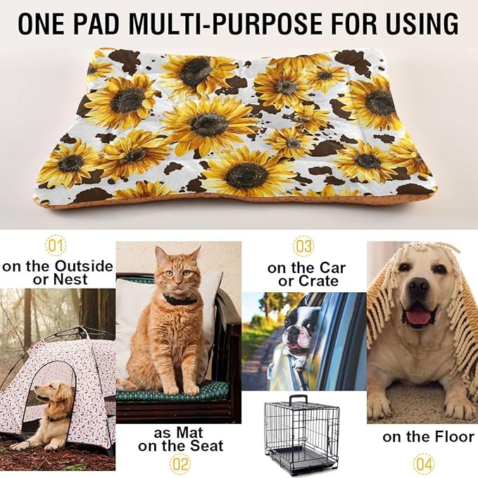 Retro Sunflower Dog Bed Mat Brown Leopard Pet Kennel Beds Washable Cat Beds Crate Pad Pets Sleeping Mattress for Large Medium Small Dogs 24 x18 Inch