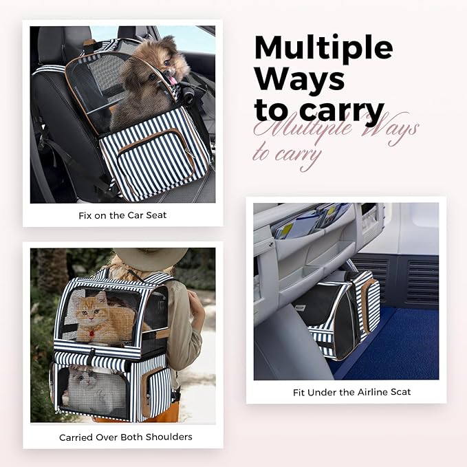 Lekebobor Double Cat Backpack Carrier for 2 Cats, Double-Compartment Pet Carrier Backpack for 2 Small Cat or One Medium Cat, Cats Carrier Backpack Dog Carrier Backpack Fits Up to 24 Lbs,Blue Striped