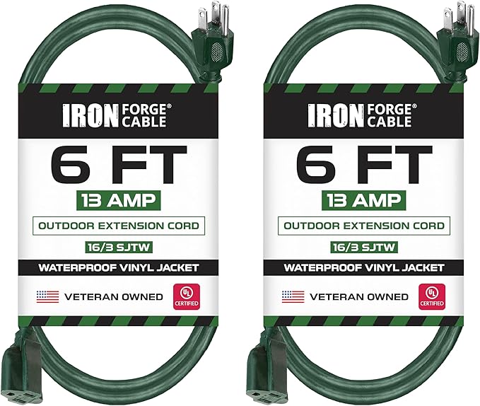 Iron Forge Cable 2 Pack Weatherproof 6 Ft Outdoor Extension Cord - 16/3 SJTW Heavy Duty Green Extension Cord 3 Prong - 13 Amp Exterior Power Cable