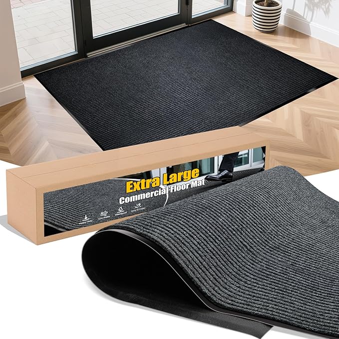 Extra Large Indoor/Outdoor Entrance Mat - 4 x 15 Feet, Rubber Border Door Mat Heavy Duty, Waterproof, Low-Profile, Easy to Clean, Rubber Entry Mat,Commercial Floor Mat, Charcoal Grey