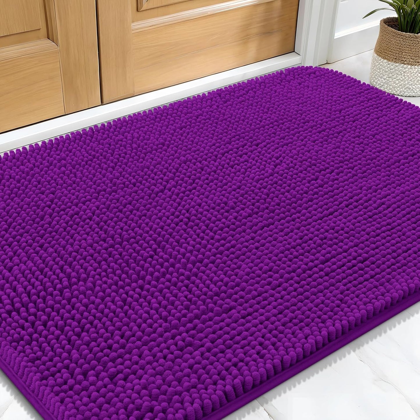 OLANLY Dog Door Mat for Muddy Paws 34x21, Absorbs Moisture and Dirt, Absorbent Non-Slip Washable Doormat, Quick Dry Chenille Mud Mat for Dogs, Entry Indoor Entryway Carpet for Inside Floor, Purple