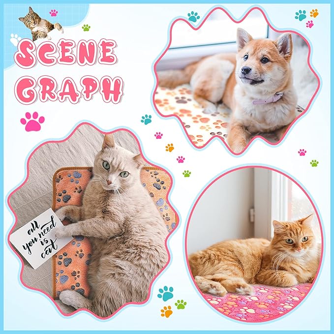 Tatuo 4 Pcs Dog Blanket for Pet Cat Blankets Indoor Puppy Teething Stuff Toys Paw Print Fleece Soft Blanket Sleep Mat for Guinea Pig Cage(White,Small(24 x 16 Inch))