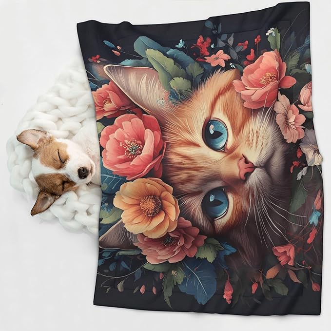 Waterproof Dog Blanket Soft Pet Blanket for Puppy, Fleece Cat Throw Blankets for Furniture Bed Couch Sofa Reversible - Flower Crown Cat