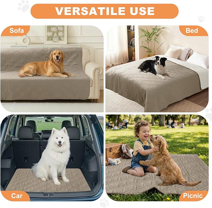 100% Waterproof Dog Couch Protector, Triple-Layer Waterproof Dog Bed Cover Pet Blanket Reversible 2-Tone Sofa Shield, Non-Slip Furniture Guard for Pets(42×50 Inch, Khaki+Off White)