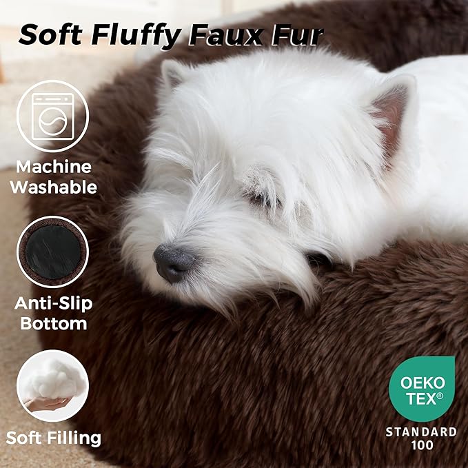Calming Dog Bed & Cat Bed with Anti-Slip Bottom, Medium Size Washable Anti-Anxiety Donut Dog Beds for Small Dogs & Cats, Fluffy Plush Cozy Round Dogs Bed(24 Inch, Dark Brown)