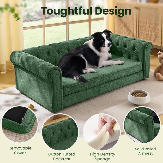 Elevated XL Large Dog Sofa with Backrest and Armrests, 55" Button Tufted Dog Couch Bed with Soft Cushion for Large Dogs, Stylish Lounging Bed Pet Couch Chair, 120Lbs Weight Capacity, Olive Green