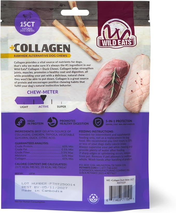 Wild Eats Real Duck Collagen Retriever Sticks for Dogs, (15 Count), Long Lasting Dog Chews, No Hide Dog Treat Bully Stick Alternative, Rawhide Free, Low Fat, High Protein, Grain Free