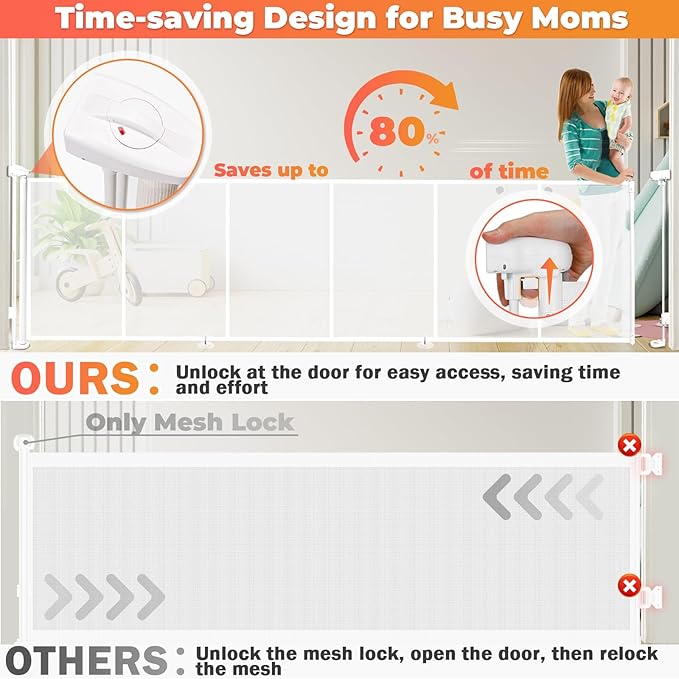 120" Extra Wide Retractable Baby Gates Dog Gate, Long Mesh Gate Pet Gate for Large Opening, 34" Extra Tall Child Safety Gate with Reinforced Strips for Stairs Hallways Doorways Deck Indoor Outdoor