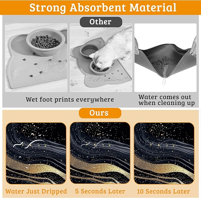 Dog Bowl Mat,Abstract Marbled Pet Feeding Mat for Floors Waterproof,Gold Black Absorbent Dogs Placemat for Food and Water Quick Dry Pet Cat Feeding Mats with Non Slip Bottom 12" x 20"