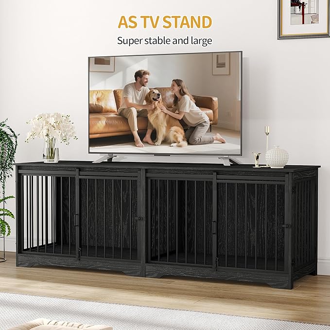 78" Dog Crate Furniture for 2 Dogs, Double Dog Cage with Divider, Wooden Heavy Duty Dogs Kennel, Pet Cage with Barn Door, TV Stand for Large Small Medium Pet, Black DFC83704B