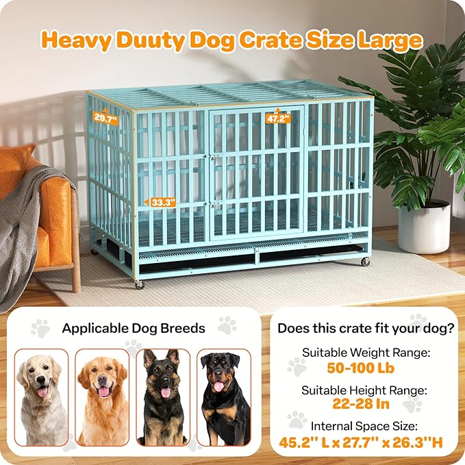 48 Inch Heavy Duty Dog Crate, Indestructible Escape-Proof Dog Kennel for High Anxiety Large Dogs, Strong Metal Pet Cage with Double Doors, Lockable Wheels & Removable Tray, XL XXL XXXL