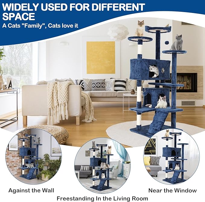 Heavy Duty Cat Tree Tower, 54" Tall Cat Tower for Indoor Cats with Cat Scratching Post with Bed, Cat Condo, Hanging Ball, Multi-Level Cat Climbing Tower Cat Trees Furniture Activity Center, Navy Blue