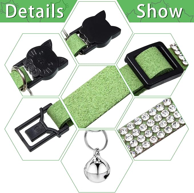 Weewooday 4 Pieces Rhinestones Cat Collars Breakaway Cat Collar with Bell Bling Pet Accessories with Soft Velvet, 4 Colors(XS,Light Green, Light Blue, Light Purple, Rose Red)