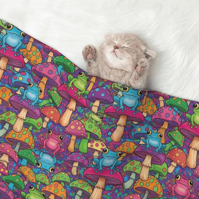 Dog and Cat Blanket in One, Watercolor Frogs Trippy Mushroom Cartoon, Double Sided Plush Throw with Raised Dot Pattern on One Side and Flat Velvet on Other for Variety