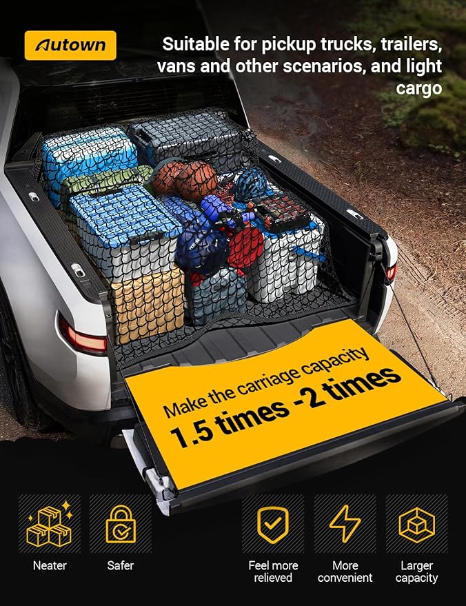 Cargo Net for Pickup Truck Bed - Stretchable 4'x4' to 7'x7', High Elastic Fine Mesh 1''x1'' with 8 Metal Carabiners - Ideal for ATV, SUV, UTV, Truck and Boat Use (Double Layer)