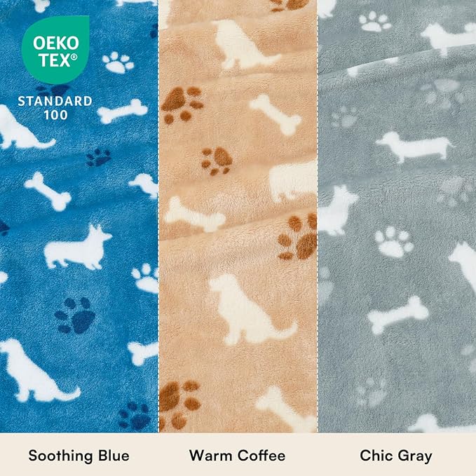 Luciphia 1 Pack 3 Blankets, Cute Dog Printed Fluffy Fleece Pet Blanket for Dogs Cats Washable, Warm Soft Throw Cover for Crate Couch, Gifts Puppy Essentials, Blue/Grey/Khaki, Large (41x31 inch)