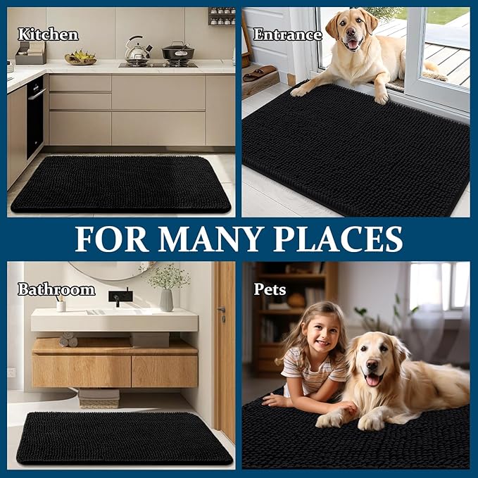 OLANLY Dog Door Mat for Muddy Paws 70x32, Absorbs Moisture and Dirt, Absorbent Non-Slip Washable Doormat, Quick Dry Chenille Mud Mat for Dogs, Entry Indoor Entryway Carpet for Inside Floor, Black