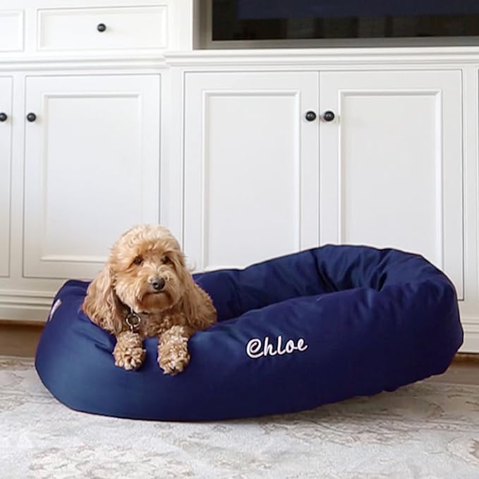 Majestic Pet Personalized 32 Inch Calming Dog Bed - Washable, Soft Round Dog Bed with Spine Support for Comfortable Rest - Blue