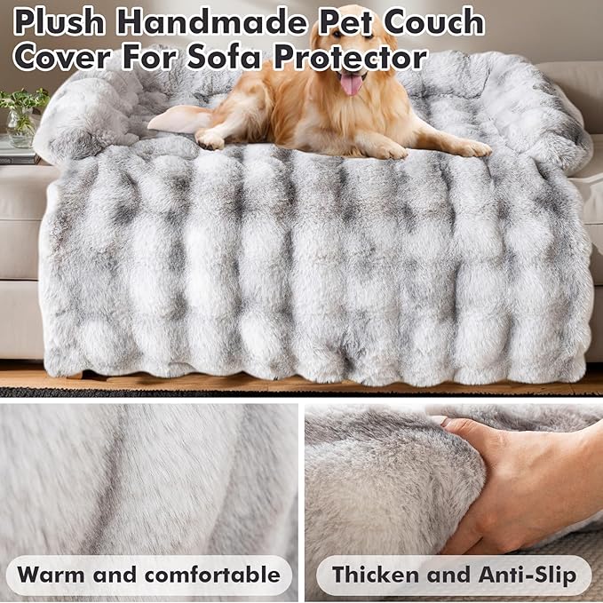 LiveGo Fuzzy Pet Couch Covers for Sofa, Dog Couch Cover Fuzzy Sofa Cover Cream Square Plaid Dog Bed Plush Dog Mat for Furniture Protector for Large Medium Dogs and Cats