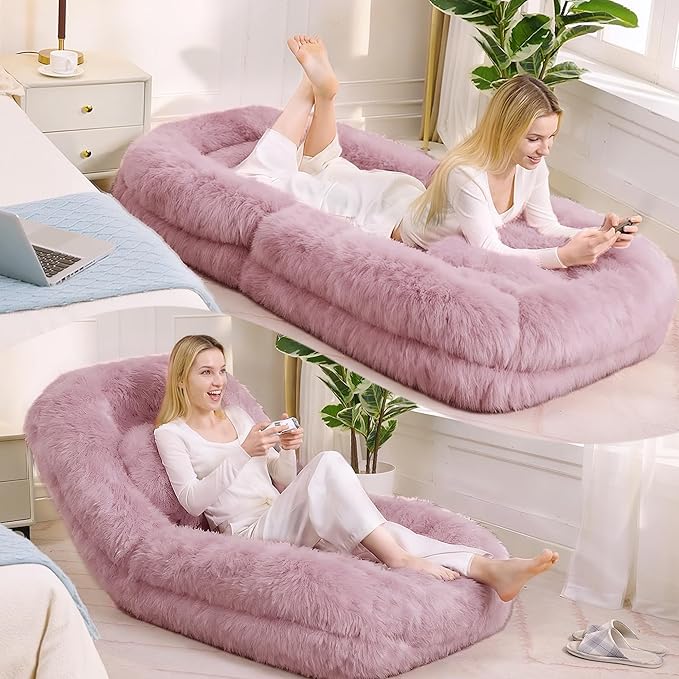 WDYLWFHWPink Foldable Human Dog Bed - 69"x35"x12" Fits You & Pets with Comfy Pillow, Washable Faux Fur, Oversized Lounger Lazy Sofa Beds with 5 Adjustable Position