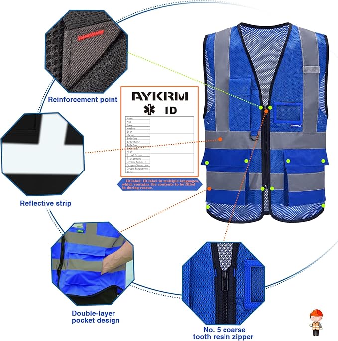 A-SAFETY XSmall Blue High Visibility Mesh Safety Reflective Vest with Pockets and Zipper,Hi Viz Work Vest for Men Women (Blue Mesh XS)