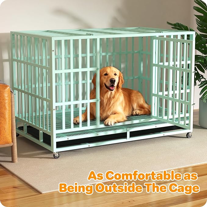 48 Inch Heavy Duty Dog Crate, Indestructible Escape-Proof Dog Kennel for High Anxiety Large Dogs, Strong Metal Pet Cage with Double Doors, Lockable Wheels & Removable Tray, XL XXL XXXL