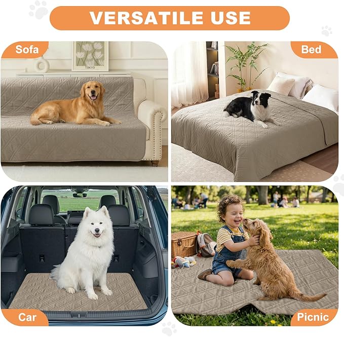 100% Waterproof Dog Couch Protector, Triple-Layer Waterproof Dog Bed Cover Pet Blanket Reversible 2-Tone Sofa Shield, Non-Slip Furniture Guard for Pets(82×92 Inch, Khaki+Khaki)