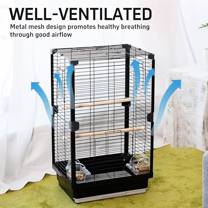 25 inch Bird Cage, Portable Travel Parrot Cage, Double-Layer Parakeet Cage, for Temporary Pet Accommodation, Trip to Vet, Short Trip, Camping, Black