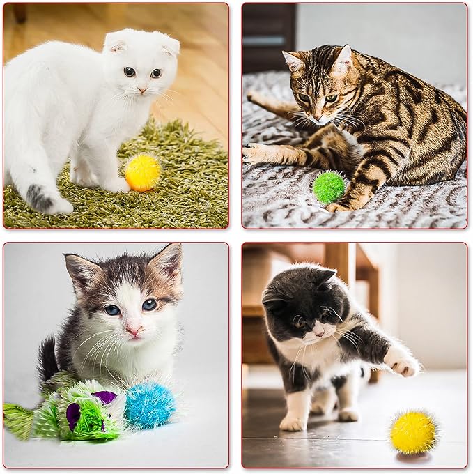 VAPKER 30 Pcs Cat Toys - Extra Large 2 Inch Sparkle Balls, Cat's Favorite Chase Glitter Tinsel Pom Poms, Assorted Colors