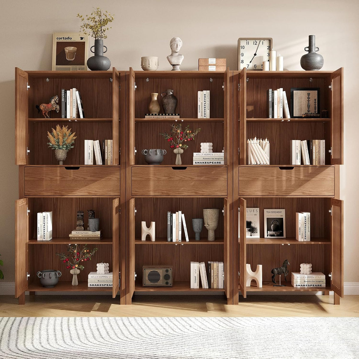 BVIUNTWO Set of 3 Rustic Brown 69" Tall Farmhouse Storage Cabinet with Drawer & Adjustable Shelves, Grille Door Organizer Unit, Anti-Tip Design for Bathroom,Kitchen,Living Room