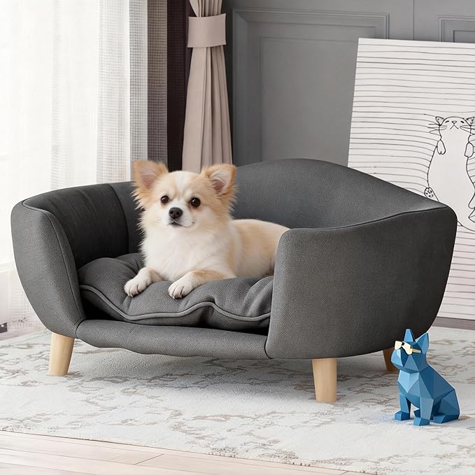 Dog Sofa Couch Bed for Small Dogs, Durable Fabric Rectangle Pet Sofa with Soft Cushion, Modern Elegant Elevated Mini Dog Couch Bed with Backrest and Armrests, Dark Gray