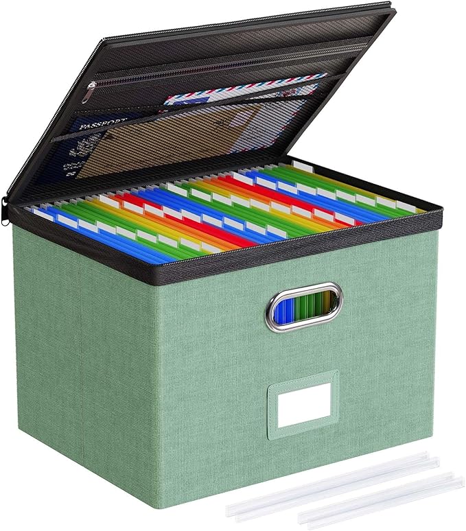 Oterri 1 Pack Large File Organizer Boxes with Lids, File Box with Mesh Pockets, Document Organizer Box for Letter/Legal Size Folders, Zippers Important Document Organizer (Green, Without Folders)