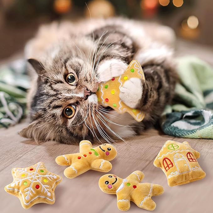 MALLMALL6 Catnip Toys for Cat - 5Pcs Christmas Gingerbread Catmint Interactive Cat Toy for Indoor Kitten, Soft Kitty Supplies, Kitten Teething Chew Kick Toy Set, Pet Xmas Gifts for Kitty Lover