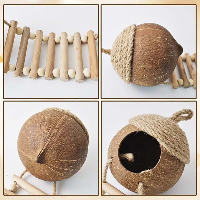 Lizard Coco Den with Ladder,5PCS Leopard Gecko Tank Accessories Reptile Terrarium Plants Hammock Coconut Hut Hide Hanging Reptile Decor for Crested Gecko,Baby Bearded Dragon,Chameleon,Snake
