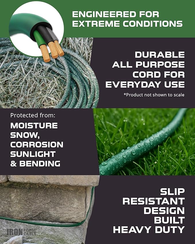 Iron Forge Cable 2 Pack Weatherproof 10 Ft Outdoor Extension Cord - 16/3 SJTW Heavy Duty Green Extension Cord 3 Prong - 13 Amp Exterior Power Cable
