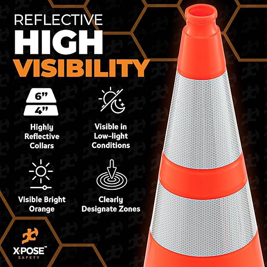 Xpose Safety 28 Inch Orange Traffic Cones Heavy Duty 10lb with 6" & 4" Collars, 1 Pack - Multipurpose PVC Plastic Safety Cone for Parking, Soccer, Caution, Kids and Construction - DOT Approved