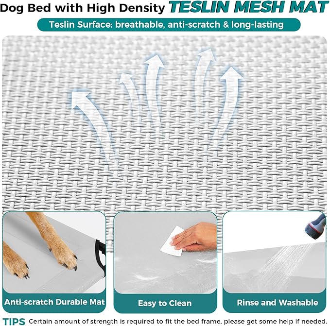 Windproof Elevated Dog Bed with Canopy & Stakes, 3-Sided 90% UV Block, Chew-Proof Teslin Mesh Mat for Large Dogs up to 150lbs(Grey Large)