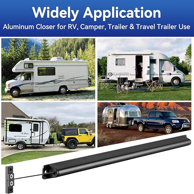 RV Screen Door Closer with Adjustable Tension, Aluminum RV Door Closer Kit, Built-in Spring Automatic Closing Device, Works with Most Camper Travel Trailer Window