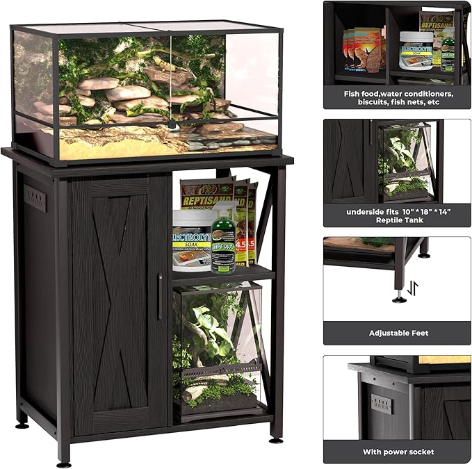 45-67 Gallon Reptile Tank Stand with Power Outlet, Terrarium Stand with Storage Cabinet, 24" Wx18 D Tabletop, Reptile Terrarium, Black PG12XYB