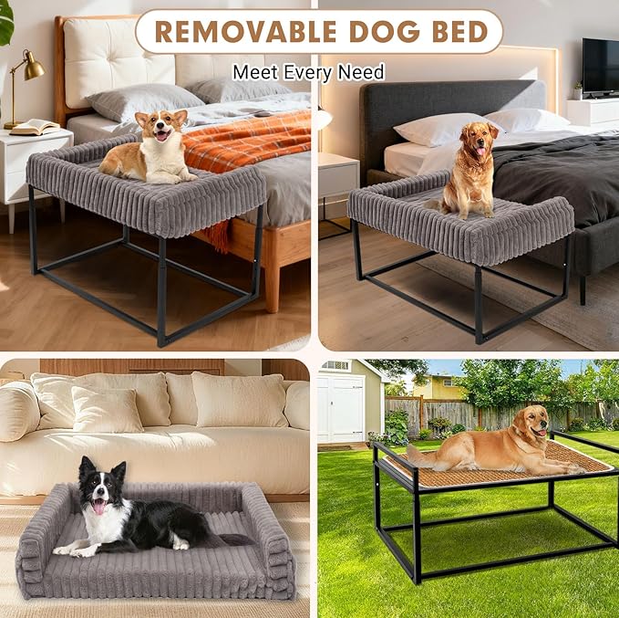 Adjustable Bedside Dog Bed for Large Dogs, Elevated Dog Co-Sleeper with Metal Frame, Memory Foam Mattress & Washable Corduroy Cover, Pet Bedside Sleeper for Dogs & Cats