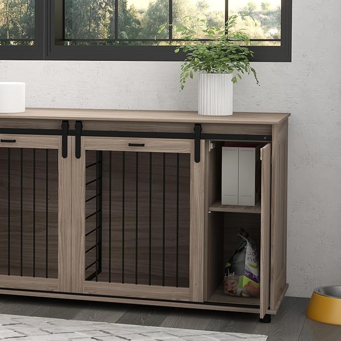 PawHut Dog Crate Furniture with Removable Divider for 2 Small Dogs or 1 Large Dog, 71" Modern Kennel Furniture End Table with Storage, Double Doors, Walnut