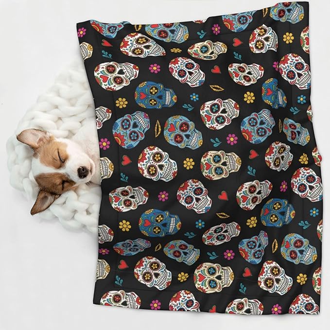 Two Sided Plush Pet Blanket for Crates Carriers Home Use, Day of The Dead Sugar Skull, Reversible Throw with Cozy Dot Fabric and Silky Reverse for Small Large Pets