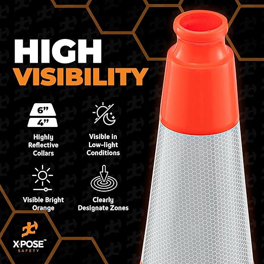 Xpose Safety 28 Inch Orange Slim Line Traffic Cones with 6" & 4" Collars, 48 Pack Multipurpose PVC Plastic Safety Cone for Parking, Soccer, Caution, Kids & Construction - DOT Approved