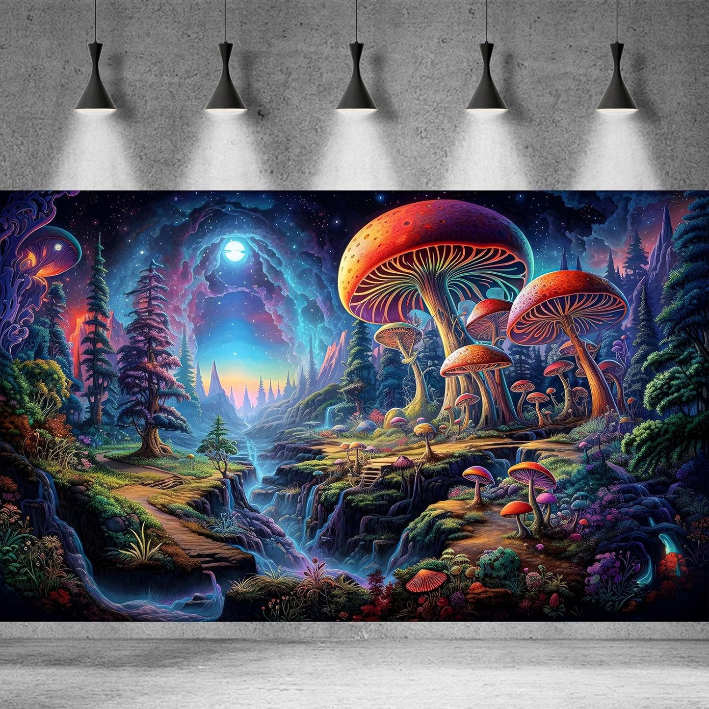 Forest Aquarium Background Fantastic Cartoon Forest Landscape with Mushrooms and Flowers Terrarium Background Fantasy Pine Tree Mysterious Mushroom Theme Fish Tank Backdrop Poster Decor 30x18in
