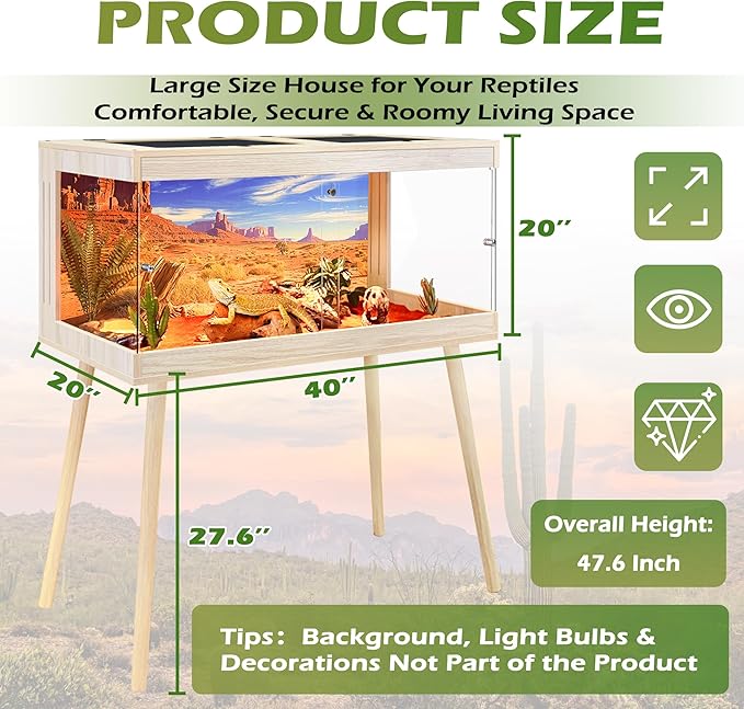ROYXEN Bearded Dragon Tank with Leg Stand,Tempered Glass Reptile Tank with Metal Mesh Top, 3-Side Clear Anti-Scratch Glass Lizard Tank,Snake Tank for Reptile Habitat (Oak, 62Gallons,40" Length)