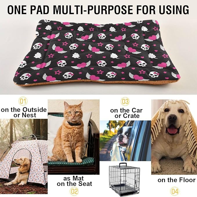 Skull Wings Heart Pet Bed Cute Dog Bed Mat Absorbing Non Slip Pad Pet Sleeping Mat for Small, Medium, and Large Dogs Puppy Cat 24 in x 18 in