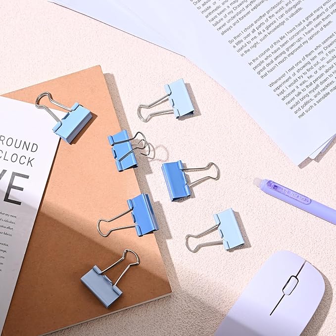 Temiary Aesthetic Binder Clips, 24 Pcs 1.26 Inches Small Metal Binder Clip with Clear Storage Container, Binding Paperwork Clamps for School Teachers Office Supplies (Blue)