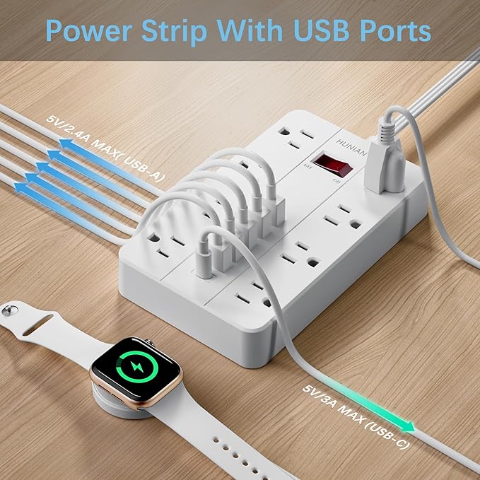 10 Ft Long Extension Cord,Power Strip Surge Protector HUNIAN Flat Plug with 8 Widely Spaced Outlets 6 USB(1 USB C Port), Wall Mount Charging Station for Home and Office,White