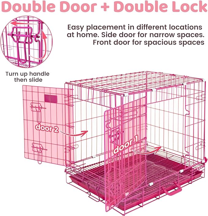 HOMEY PET 24 Inch Small Dog Crate, Cute Pink Puppy Cage Collapsible Dog Kennel Indoor, Nano-Coated Metal Wire Dog Crate with Removable Floor Grid Tray, Double Doors Dual Locks, Portable Handle