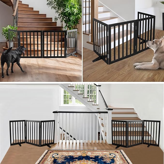 ZJSF Freestanding Indoor Dog Gate for House Foldable Wood Puppy Gate for Doorways Pet Gate for Stairs Extra Wide Pet Fence, Black, 32" Height 4 Panels